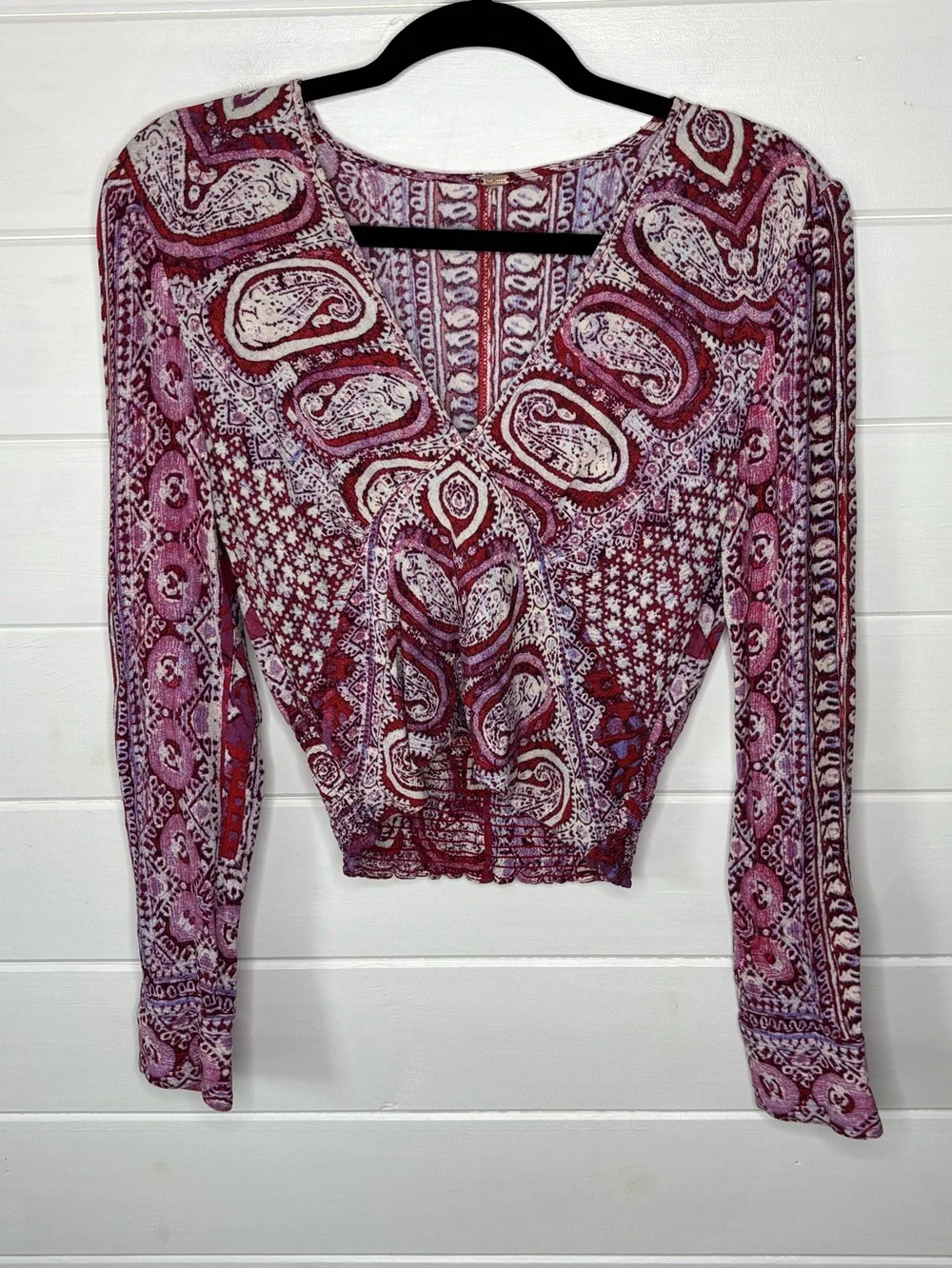 Free People Paisley Boho Deep V Smocked Top S/M Long Sleeve